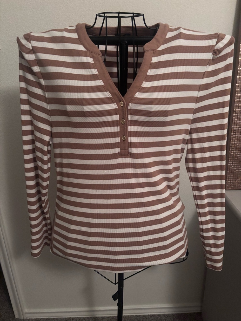 Talbots Striped Long-Sleeve Henley Top - White & Brown